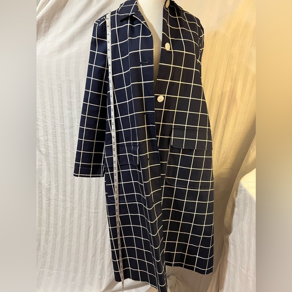 LIZ CLAIBORNE Classy Spring Checkered Long Navy Blue Coat with Pockets - Picture 10 of 13
